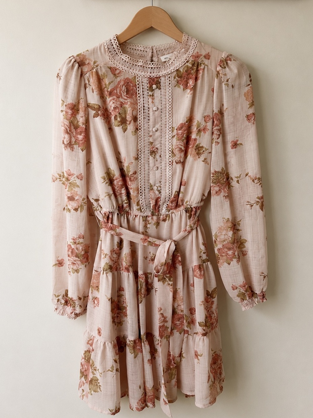 Blu Pepper Blush Floral Lace-Trim Long Sleeve Tiered Mini Dress - Picture 2 of 14